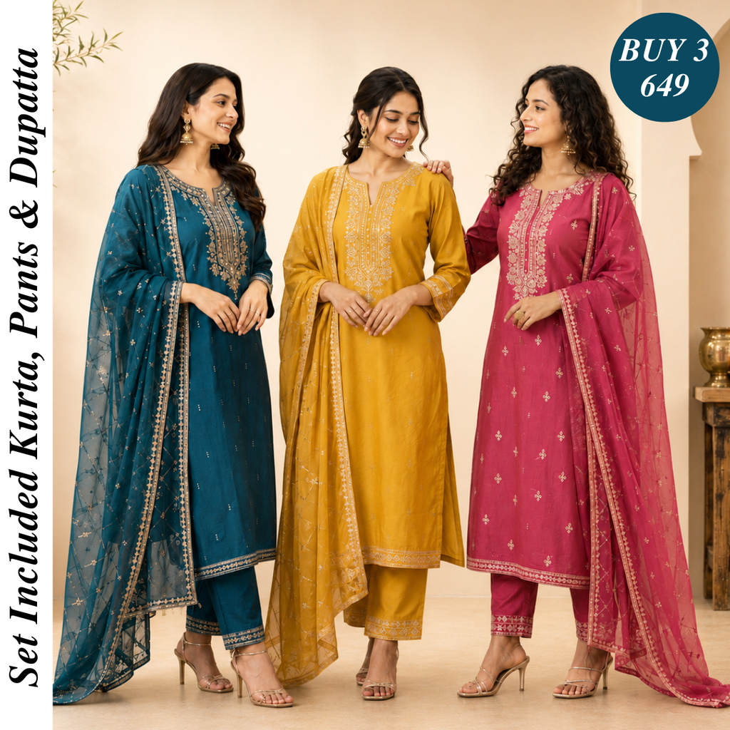 Pack Of 3 Beautiful Cotton Kurta Set with Dupatta (BCK-8)