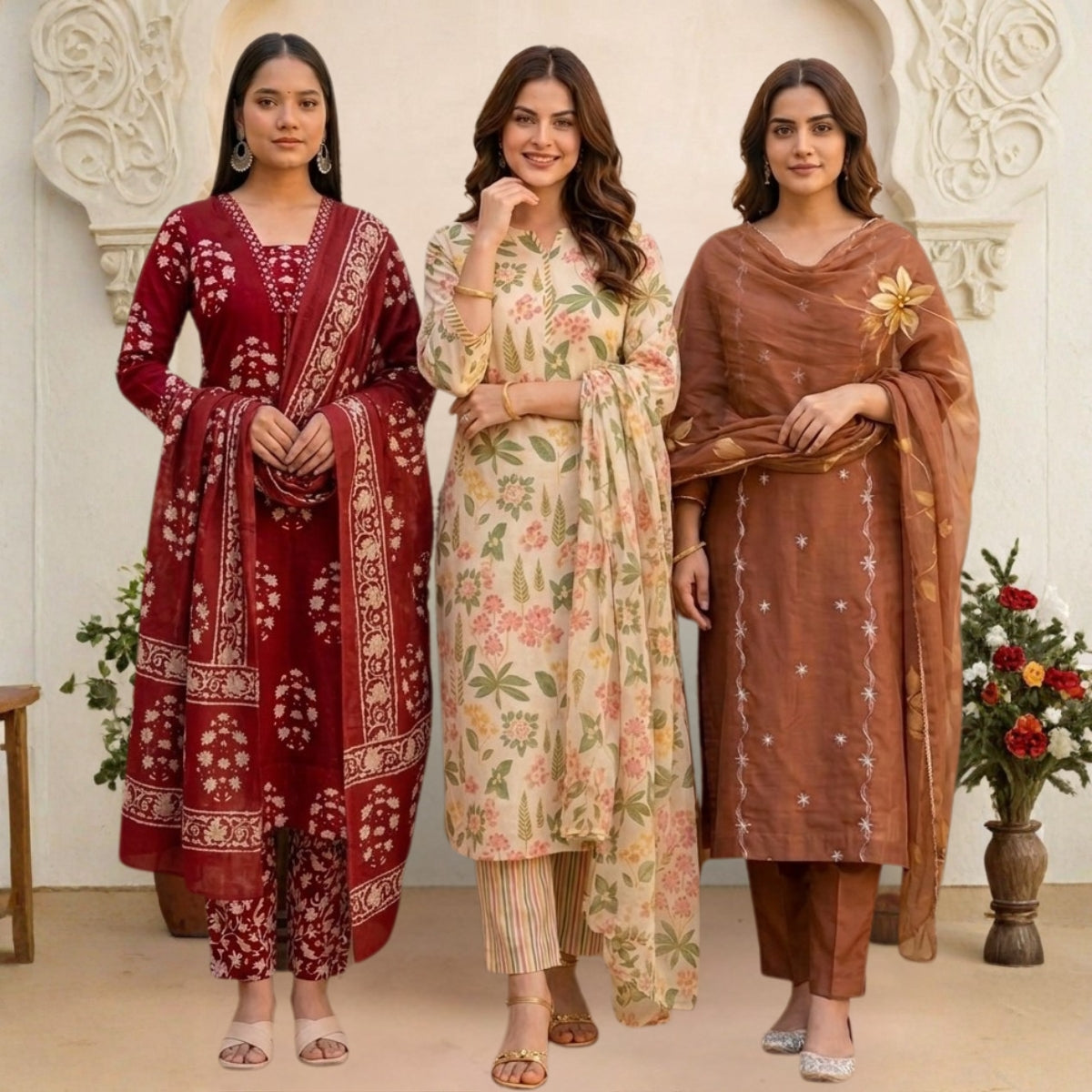 3 Combo Set Kurta, Pants With Dupatta | KS-02