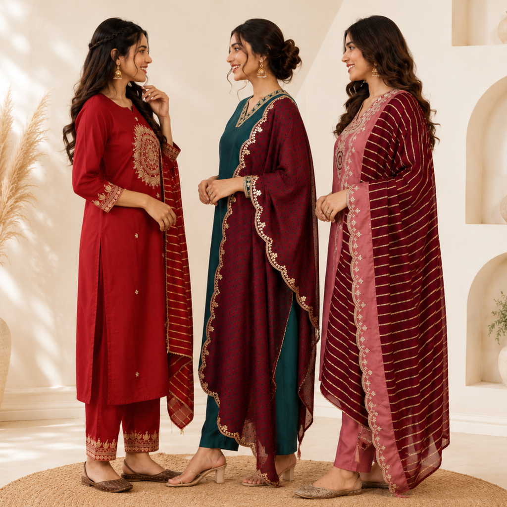 3 Ethnic Kurta With Dupatta ( K1 )