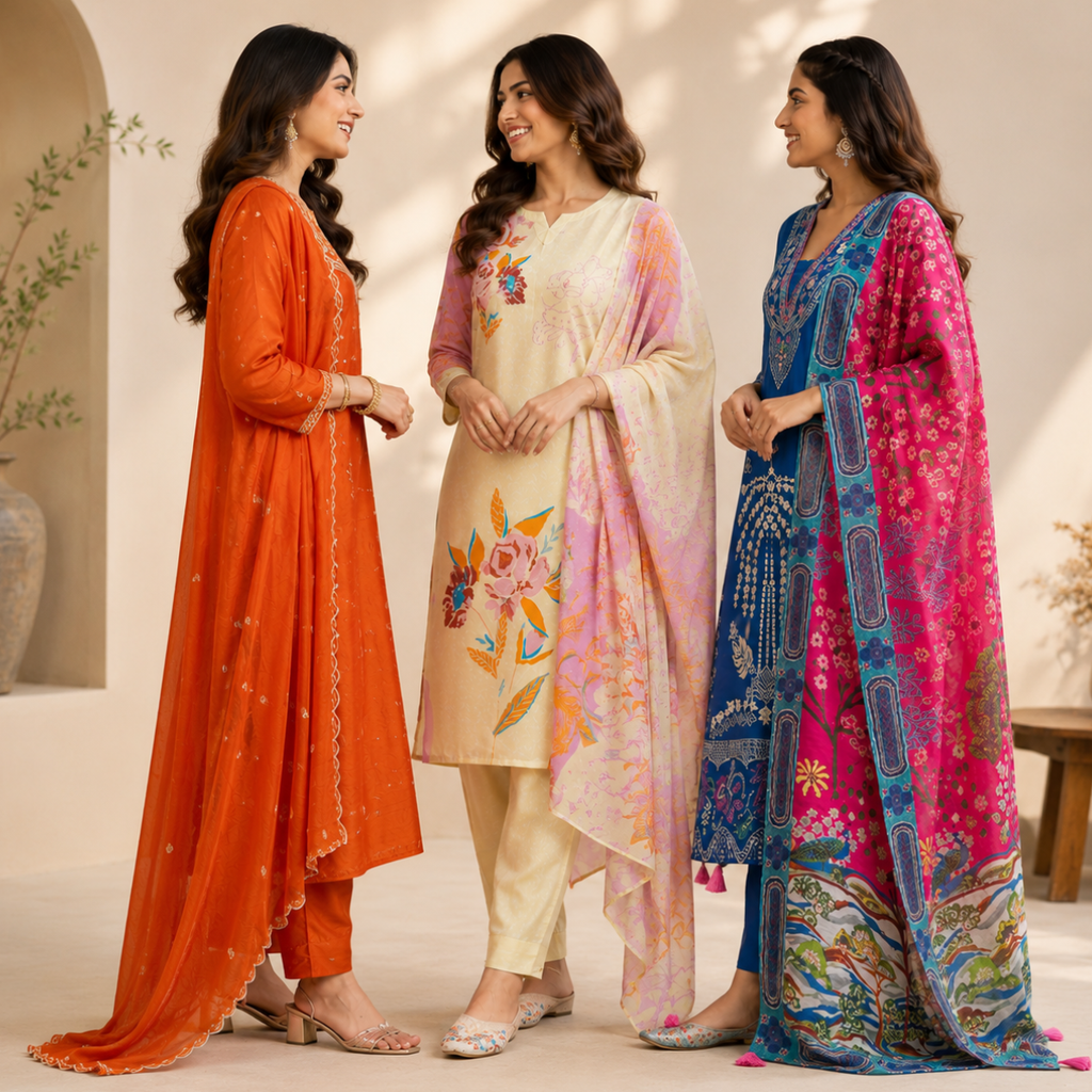 3 Women's Printed Ethnic Kurta Set With Dupatta ( KS-2 )