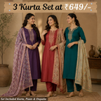 Pack Of 3 Beautiful Cotton Kurta Set with Dupatta (BCK-4)