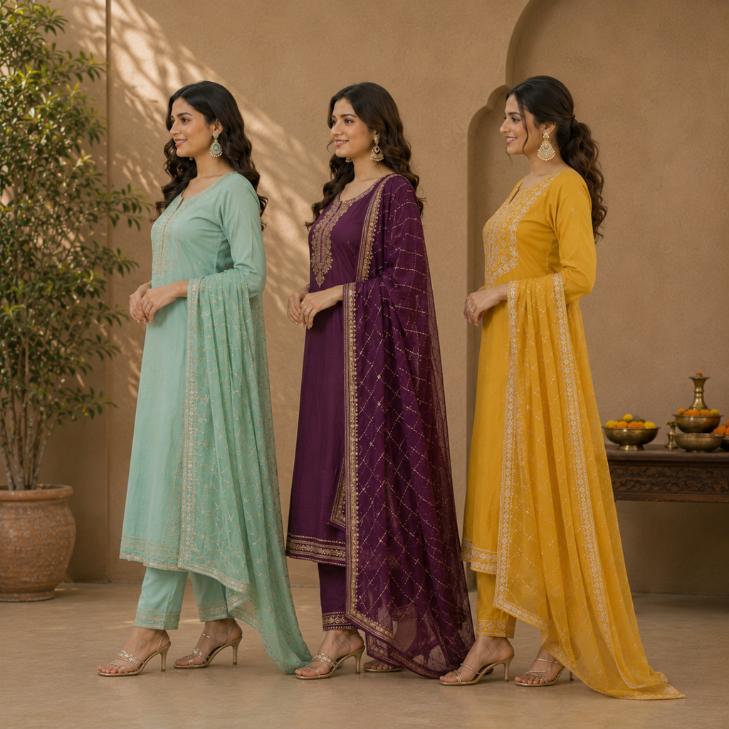 Pack Of 3 Beautiful Cotton Kurta Set with Dupatta (BCK-6)