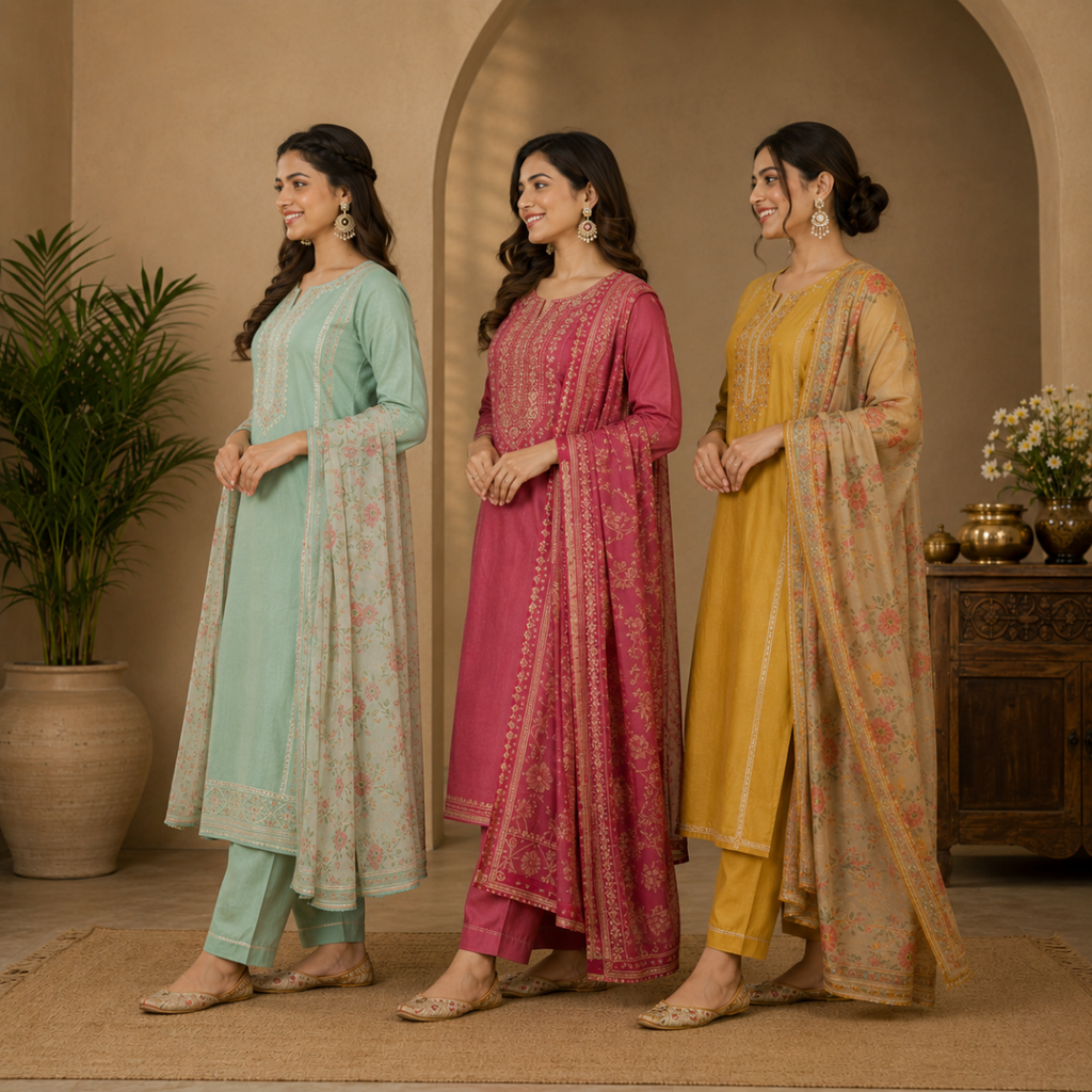 Pack Of 3 Beautiful Cotton Kurta Set with Dupatta (BCK-7)