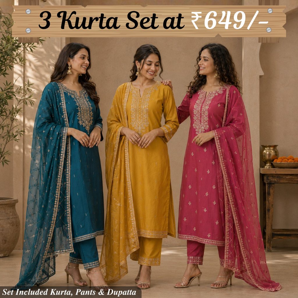 Pack Of 3 Beautiful Cotton Kurta Set with Dupatta (BCK-8)